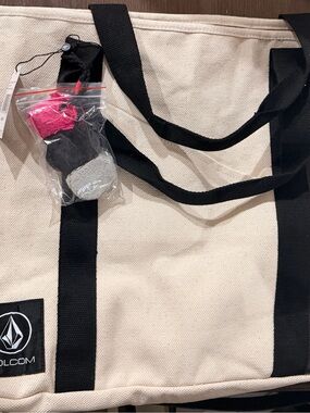 Volcom Cream Canvas Tote with Black Straps and Logo